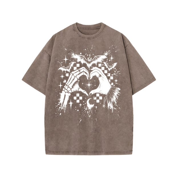 Gothic Heart Hands Round Neck Graphic Print Acid Washed T-Shirt - Coffee - US20-22(3XL) - image 8