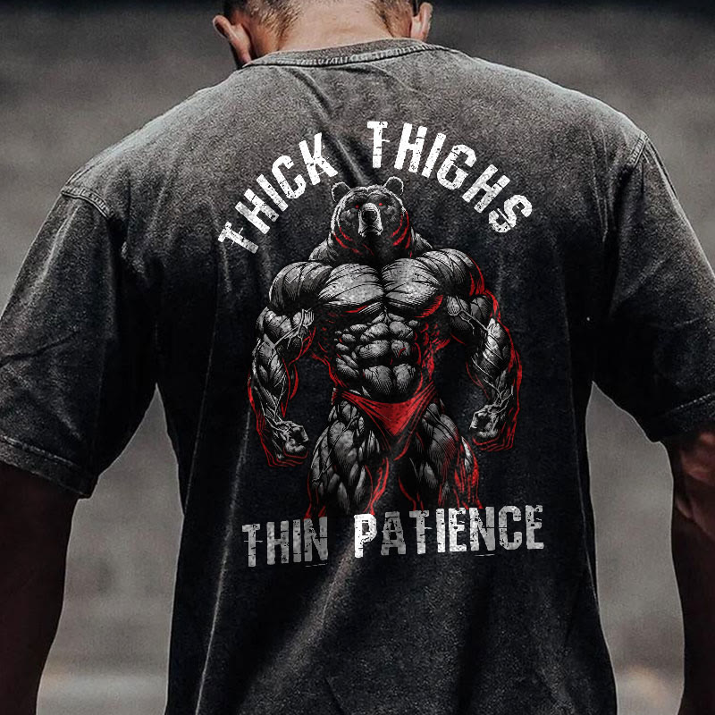 100% Cotton Thick Thighs Thin Patience Gym Print Acid Washed T-shirt - image 3