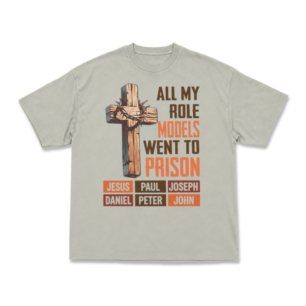 Cross and All My Role Models Went to Prison Statement Graphic T-Shirt - Warm Grey - US16-18(2XL) - image 4