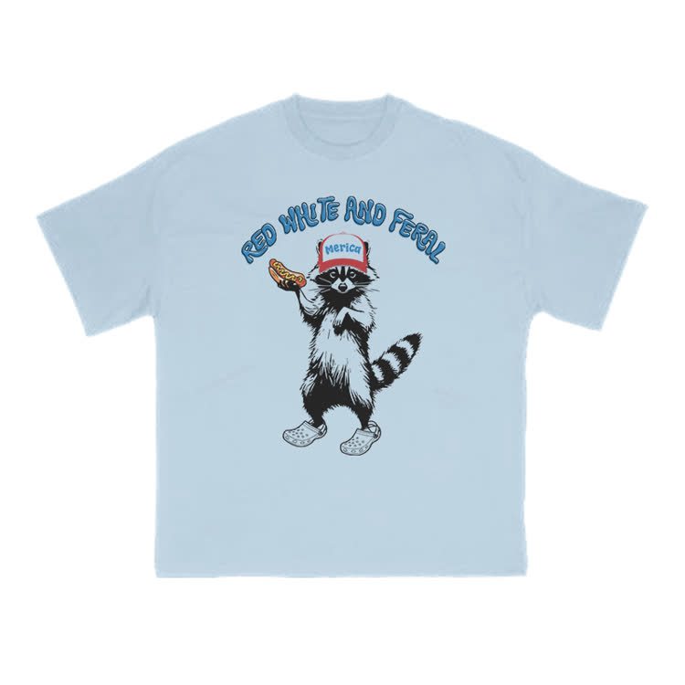 Red White And Feral Print T-shirt - Light Blue - US16-18(2XL) - image 8