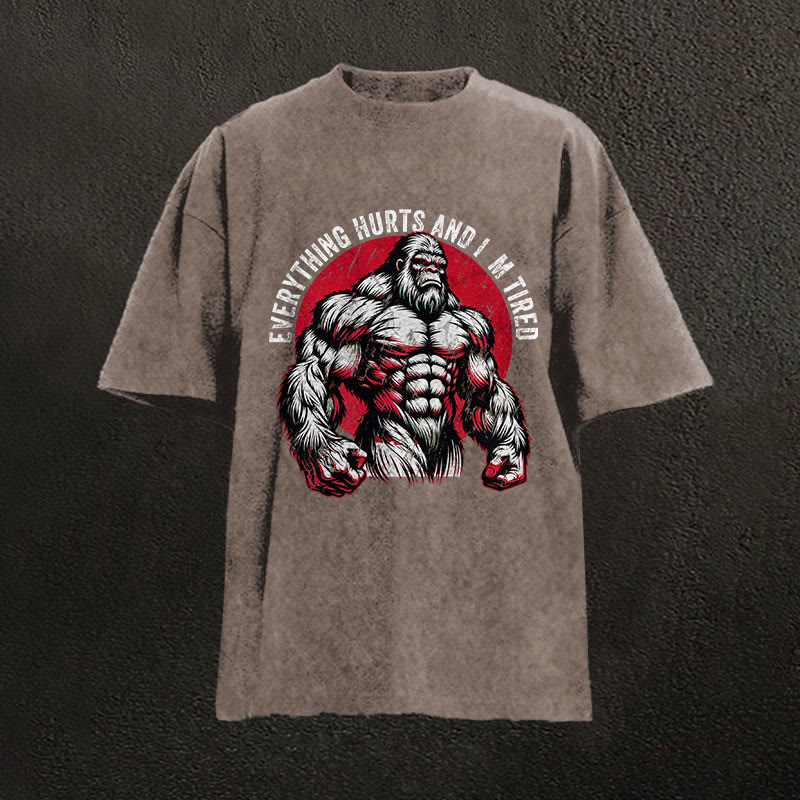100% Cotton Everything Hurts And I'm Tired Gym Print Acid Washed T-shirt - Coffee - US20-22(3XL) - image 3