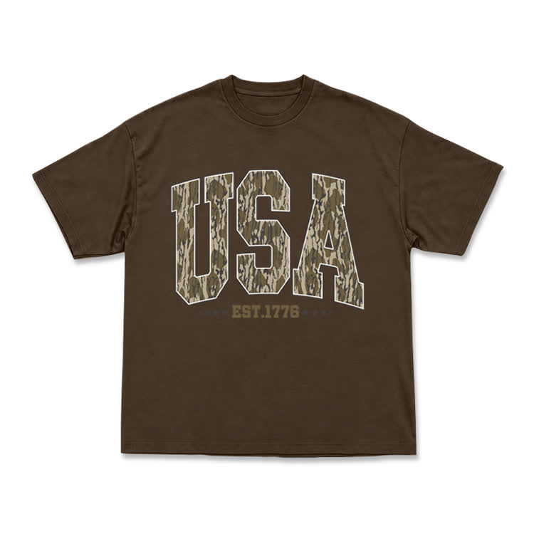 Vintage Inspired USA Camo Varsity Print T-Shirt - Coffee - US16-18(2XL) - image 4