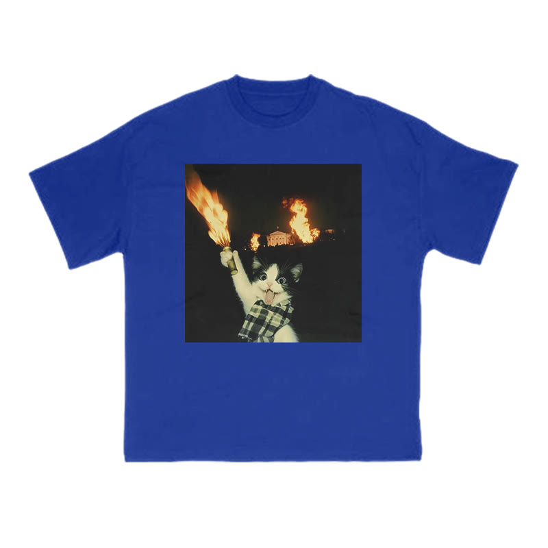 Unisex 100% Cotton Mischievous Cat Print T-shirt - Blue - US16-18(2XL) - image 9