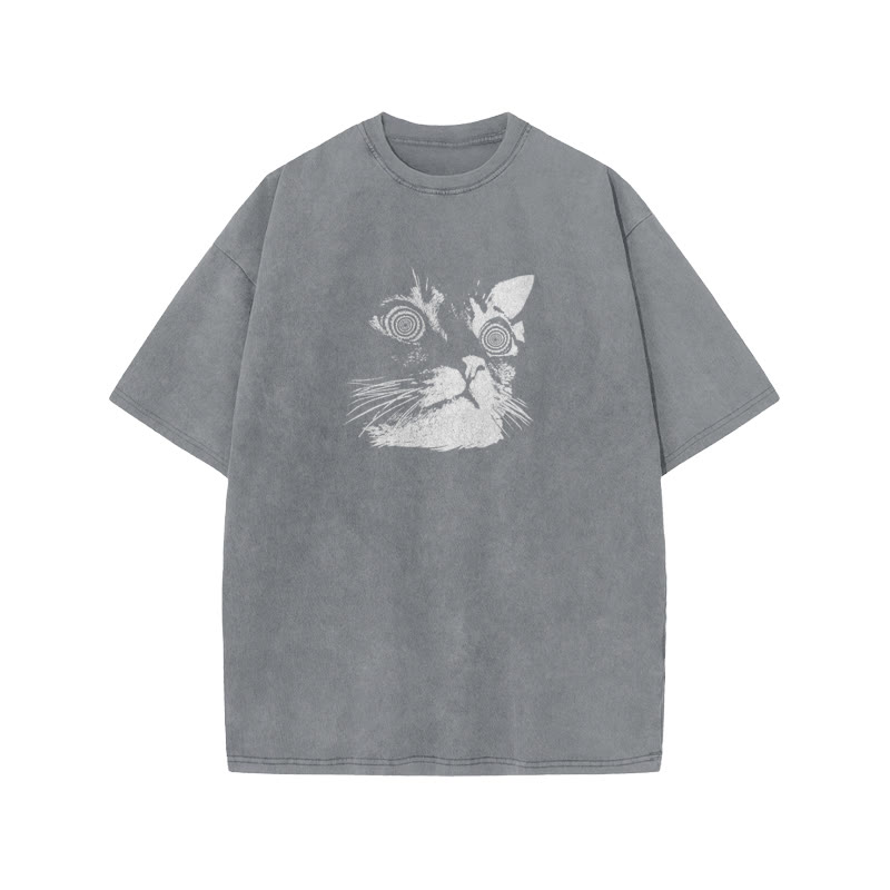 Unisex 100% Cotton Hypnotic Cat Print Acid Washed T-shirt - Grey - US20-22(3XL) - image 4