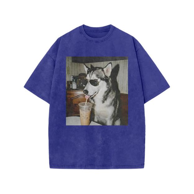 Vintage Husky Iced Coffee Print Acid Washed T-shirt - Blue - US20-22(3XL) - image 7