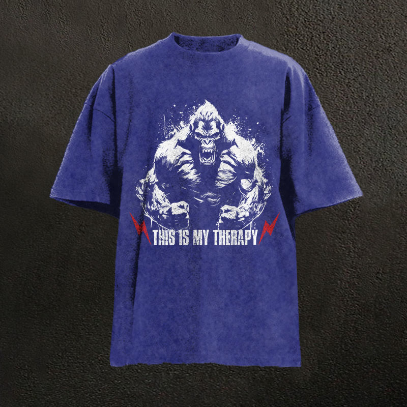 100% Cotton This Is My Therapy Gym Print Acid Washed T-shirt - Blue - US20-22(3XL) - image 5