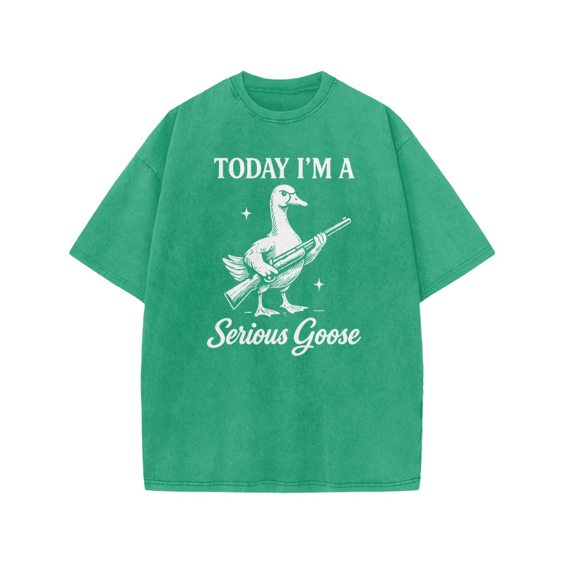 Today I'm A Serious Goose Print Acid Washed T-shirt - Green - US20-22(3XL) - image 6