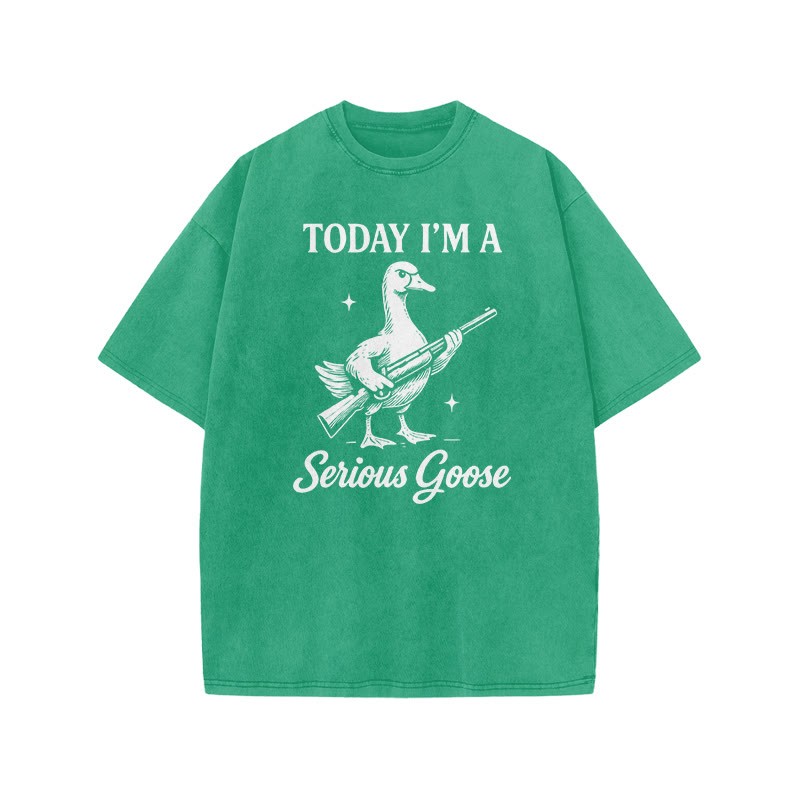 Today I'm A Serious Goose Print Acid Washed T-shirt - Green - US20-22(3XL) - image 6