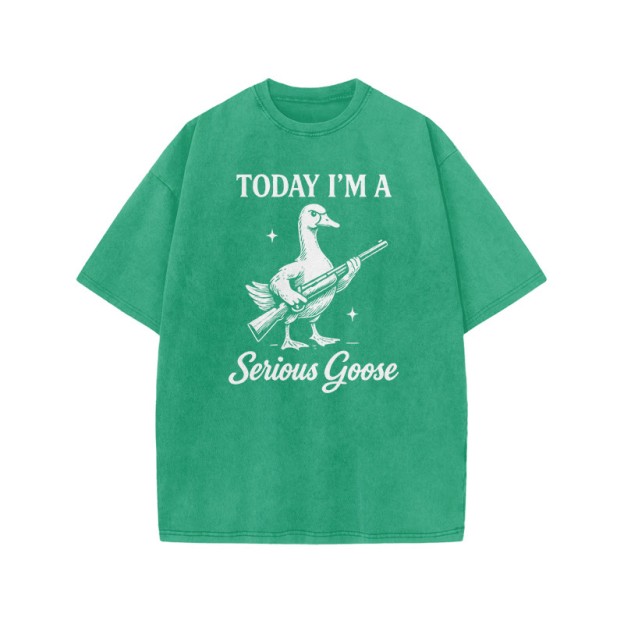 Today I'm A Serious Goose Print Acid Washed T-shirt - Green - US20-22(3XL) - image 6