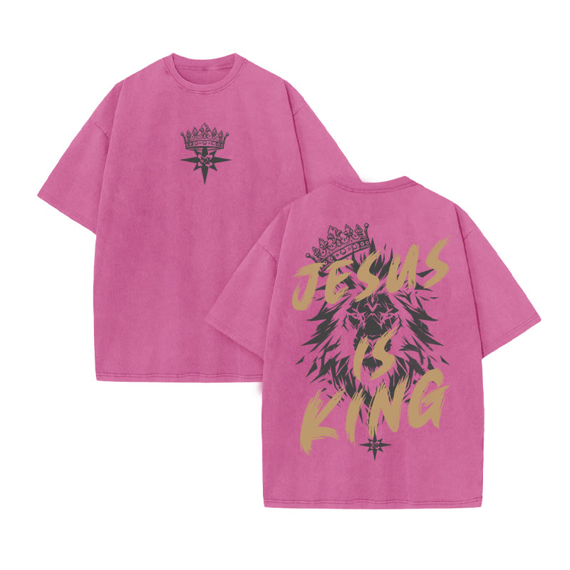 Unisex 100% Cotton JESUS IS KING print Acid Washed T-shirt - Pink - US20-22(3XL) - image 5