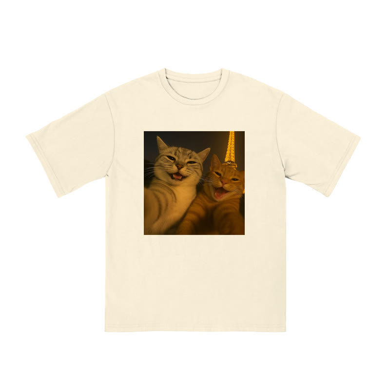 Unisex 100% Cotton Selfie Cat Print T-shirt - Apricot - US16-18(2XL) - image 3
