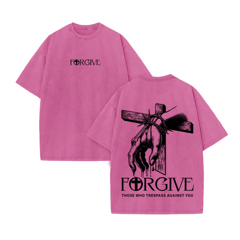 Unisex 100% Cotton Forgive Print Acid Washed T-shirt - Pink - US20-22(3XL) - image 8
