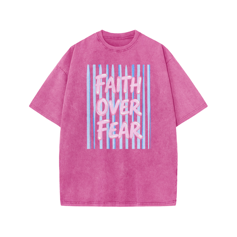 Faith Over Fear Stripe Print Acid Washed T-shirt - Pink - US20-22(3XL) - image 3
