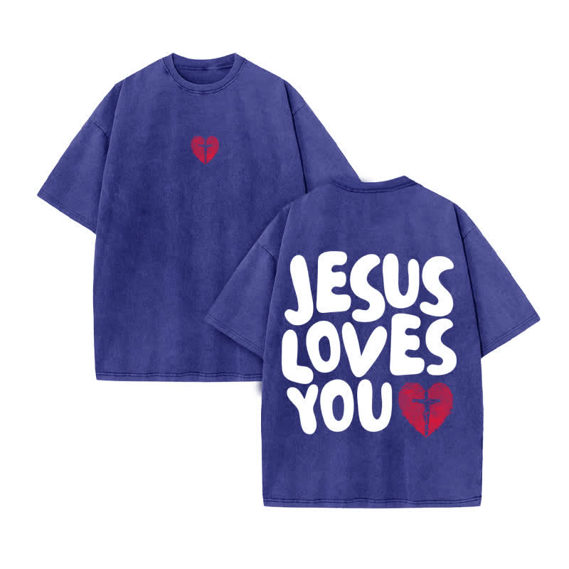 Unisex 100% Cotton JESUS LOVES YOU Love Fingerprint Print Acid Washed T-shirt - Blue - US20-22(3XL) - image 10