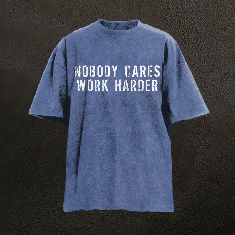 100% Cotton Nobody Cares Work Harder Printed Washed T-shirt - Blue - 2XL - image 7