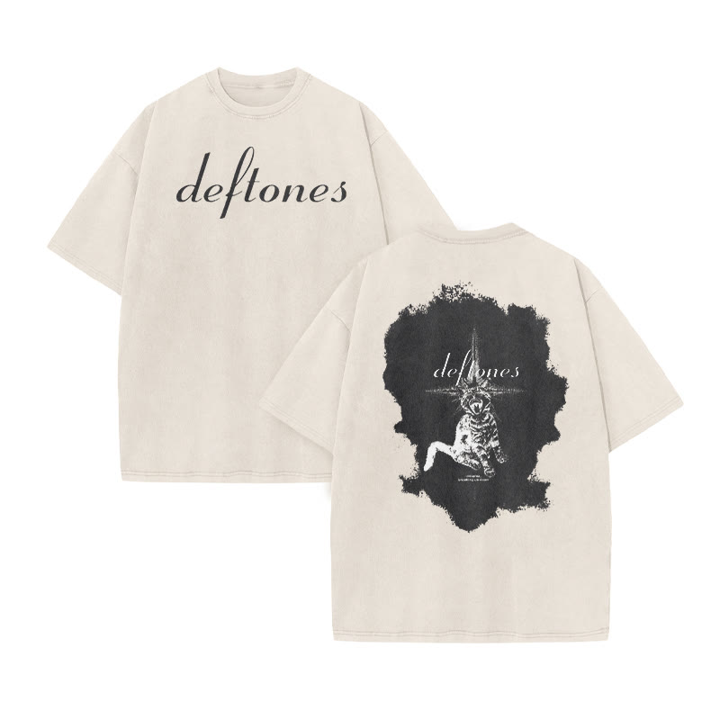 Unisex Deftones Meme Cat Print Acid Washed T-shirt - Beige - US20-22(3XL) - image 3