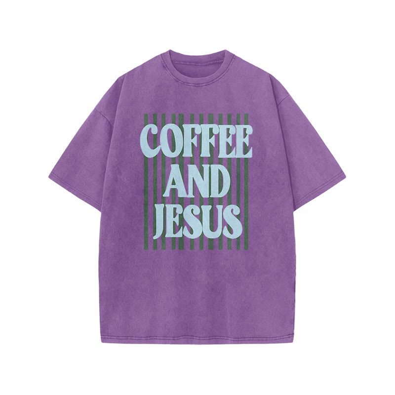Unisex 100% Cotton Coffee And Jesus Print Acid Washed T-shirt - Purple - US20-22(3XL) - image 4