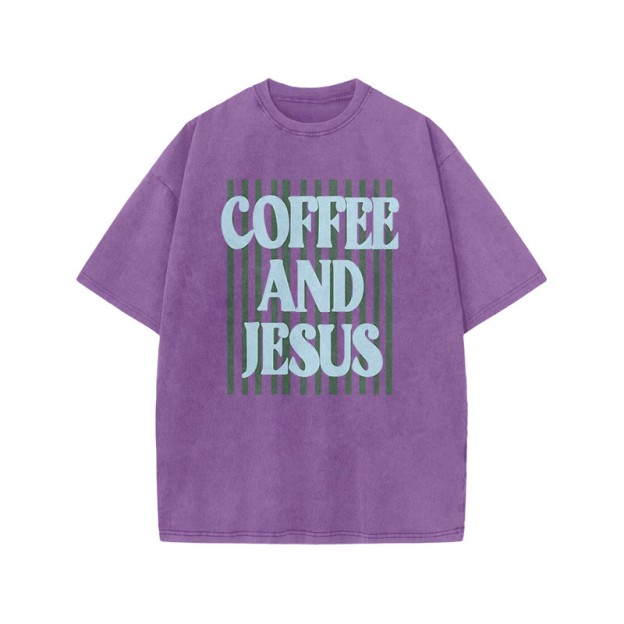 Unisex 100% Cotton Coffee And Jesus Print Acid Washed T-shirt - Purple - US20-22(3XL) - image 4