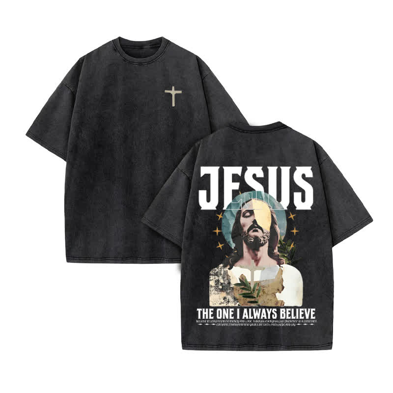 Unisex 100% Cotton Always Believe Jesus Print Acid Washed T-shirt - Black - US20-22(3XL) - image 3