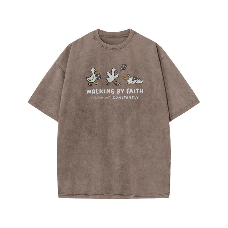Unisex Walking By Faith Tripping Constantly Bible Print Acid Washed T-shirt - Coffee - US20-22(3XL) - image 5