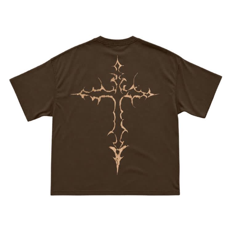 Gothic Thorn Cross Back Graphic T-Shirt - Coffee - US16-18(2XL) - image 15