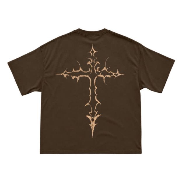 Gothic Thorn Cross Back Graphic T-Shirt - Coffee - US16-18(2XL) - image 15
