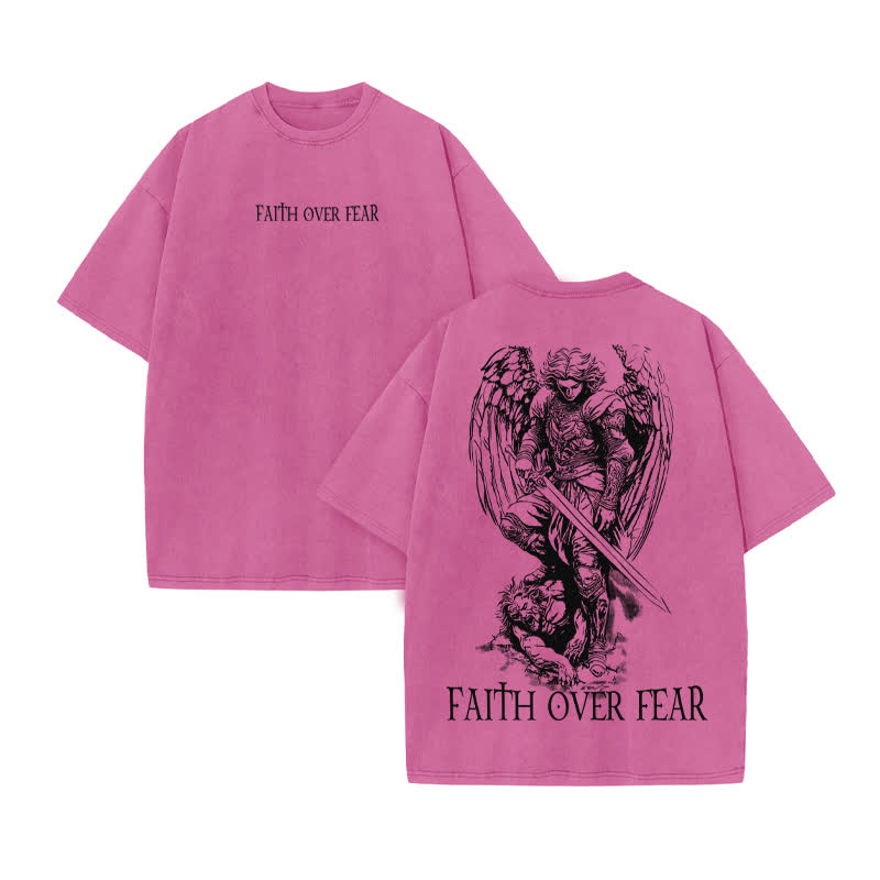 Unisex Faith Over Fear Print Acid Washed T-shirt - Pink - US20-22(3XL) - image 8