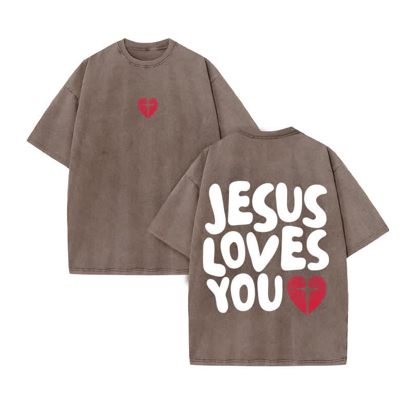 Unisex 100% Cotton JESUS LOVES YOU Love Fingerprint Print Acid Washed T-shirt - Coffee - US20-22(3XL) - image 4