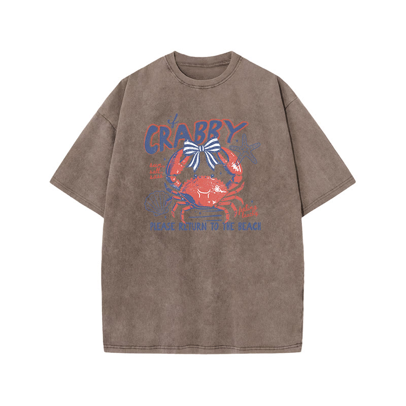 If Crabby Please Return To The Beach Print Acid Washed T-shirt - Coffee - US20-22(3XL) - image 5