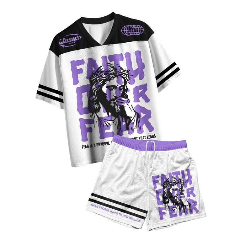 Fear Is A Shadow,Faith Is The Light That Leads Print Mesh T-shirt Set - White - 4XL - image 1