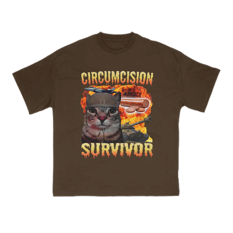 Unisex 100% Cotton Circumcision Survivor Meme Cat Print T-shirt - Coffee - US16-18(2XL) - image 6
