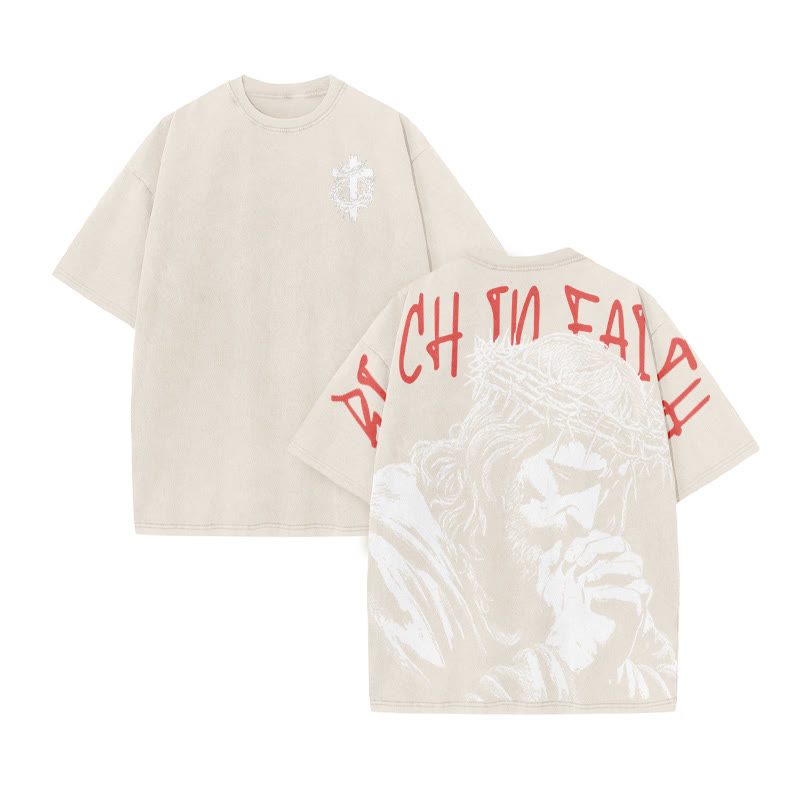 Unisex Rich In Faith Print Acid Washed T-shirt - Beige - US20-22(3XL) - image 4