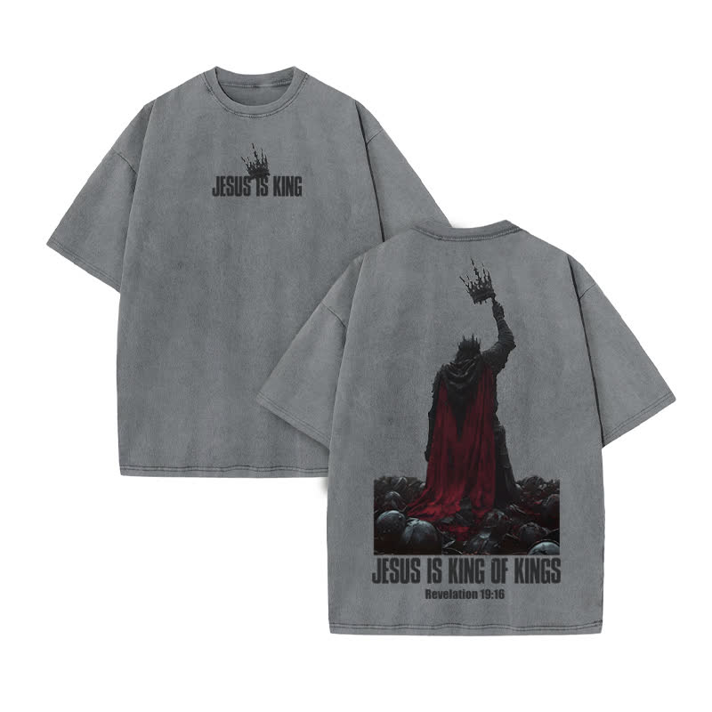 Unisex 100% Cotton Jesus Is King Print Acid Washed T-shirt - Grey - US20-22(3XL) - image 5