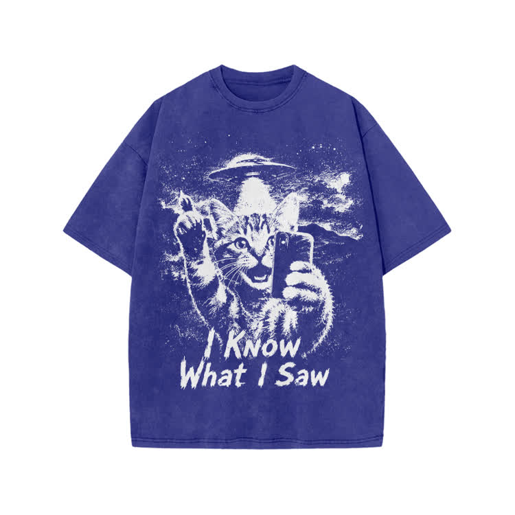 Casual I Know What I Saw Cat UFO Graphic Washed T-Shirt - Blue - US20-22(3XL) - image 6