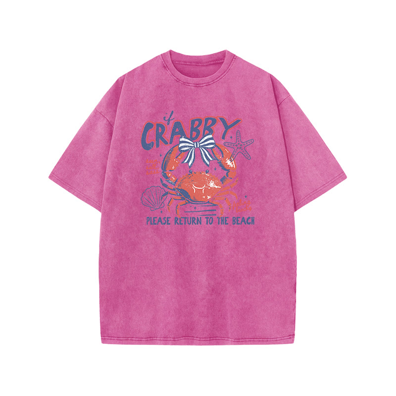If Crabby Please Return To The Beach Print Acid Washed T-shirt - Pink - US20-22(3XL) - image 6