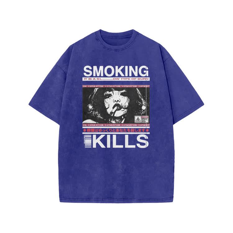 Smoking Kills Retro Manga Style Graphic Print Acid Washed T-Shirt - Blue - US20-22(3XL) - image 5