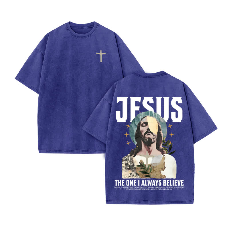 Unisex 100% Cotton Always Believe Jesus Print Acid Washed T-shirt - Blue - US20-22(3XL) - image 10