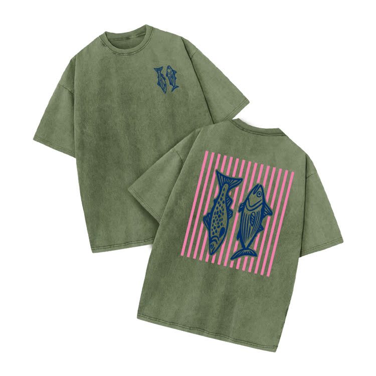 Retro Fish Art Print Acid Washed T-shirt - Army Green - US20-22(3XL) - image 9
