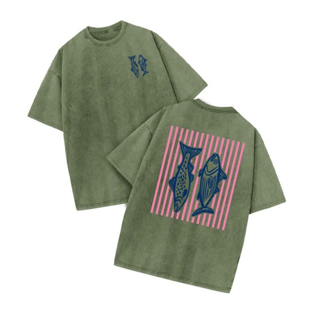 Retro Fish Art Print Acid Washed T-shirt - Army Green - US20-22(3XL) - image 9