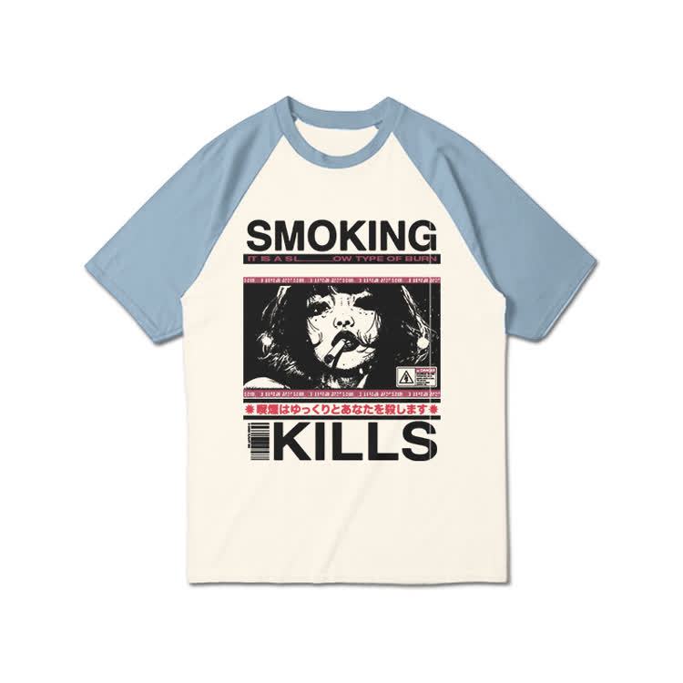 Smoking Kills Retro Manga Style Graphic Print Raglan Sleeve T-shirt - Light Blue - 3XL - image 4