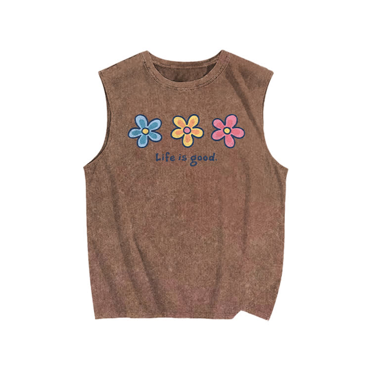  Sunny Bloom Life Is Good Print Washed Tank Top - Brown - US20-22(3XL) - image 3