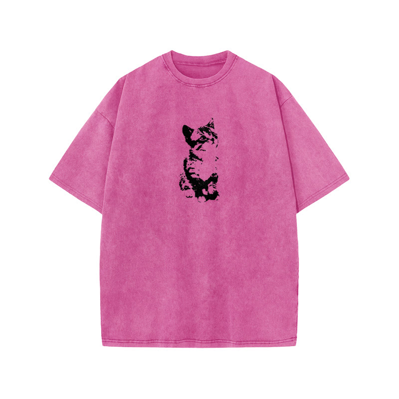 Unisex 100% Cotton Cute Cat Print Acid Washed T-shirt - Pink - US20-22(3XL) - image 7