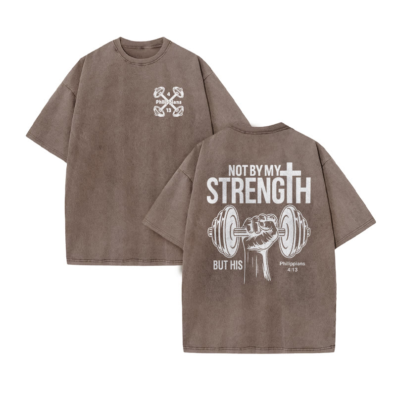 Unisex Not By My Strength But His Print Acid Washed T-shirt - Coffee - US20-22(3XL) - image 5