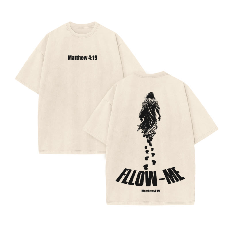 Unisex Fllow The Jesus Matthew 4:19 Print Acid Washed T-shirt - Beige - US20-22(3XL) - image 3