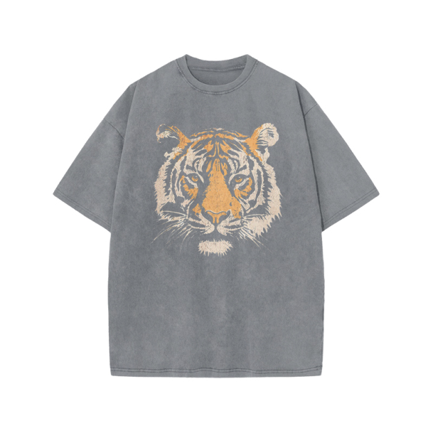 Vintage Tiger Head Round Neck Graphic Print Acid Washed T-Shirt - Grey - US20-22(3XL) - image 5