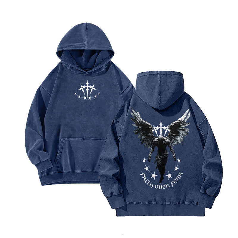 Unisex 100% Cotton Faith Over Fear Printed Washed Hoodie  - Blue - 3XL - image 5