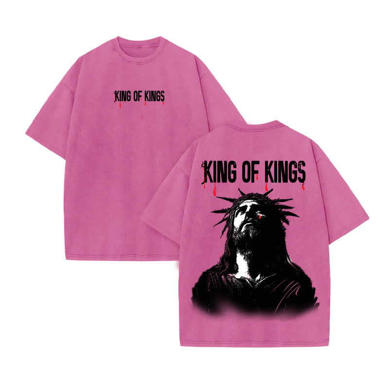 Unisex 100% Cotton JESUS IS KING Gtears Of God Print Acid Washed T-shirt - Pink - US20-22(3XL) - image 8