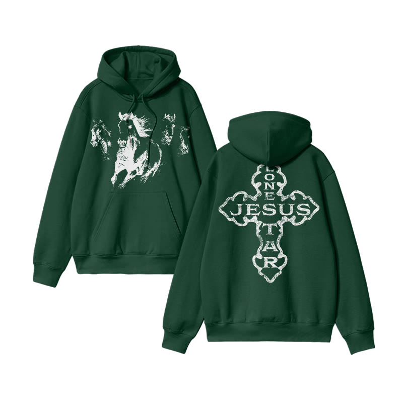 Unisex Lone Star Jesus Print Hoodie - Dark Green - US16-18(2XL) - image 7