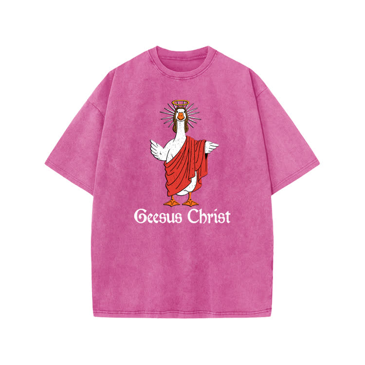 Geesus Christ Graphic Print Acid Washed T-shirt - Pink - US20-22(3XL) - image 9