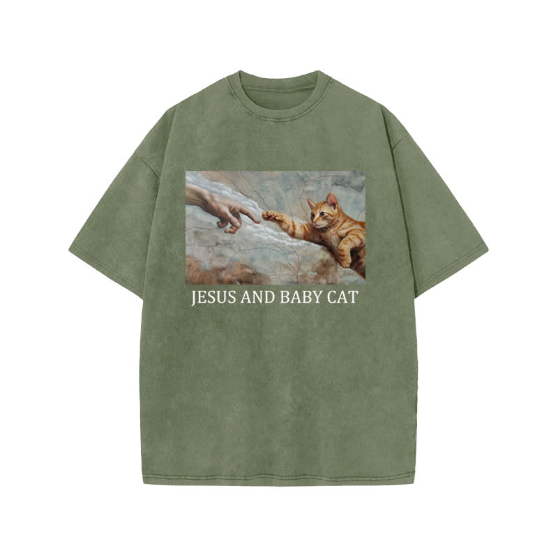 Unisex 100% Cotton Jesus And Baby Cat Print Acid Washed T-shirt - Army Green - US20-22(3XL) - image 5